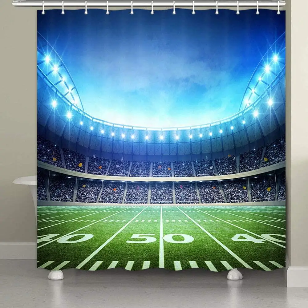 Football Stadium Arena Field Shower Curtains Set, Sports Theme Bath Curtain for Men, Fabric Bathroom Restroom Decor With Hooks