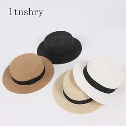 2019 new women's hat Ribbon Straw Sun Hat Breathable Large Brim Beach Summer Boater Beach Ribbon Round Flat Top Hat For Women