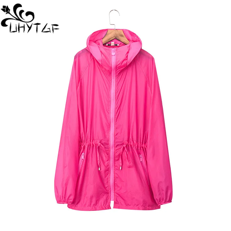 

UHYTGF Beach 7XL Big Size Tops Solid Color Wild Elegant Thin Sun Protection Clothing Hooded Breathable Summer Jacket Womens 1631