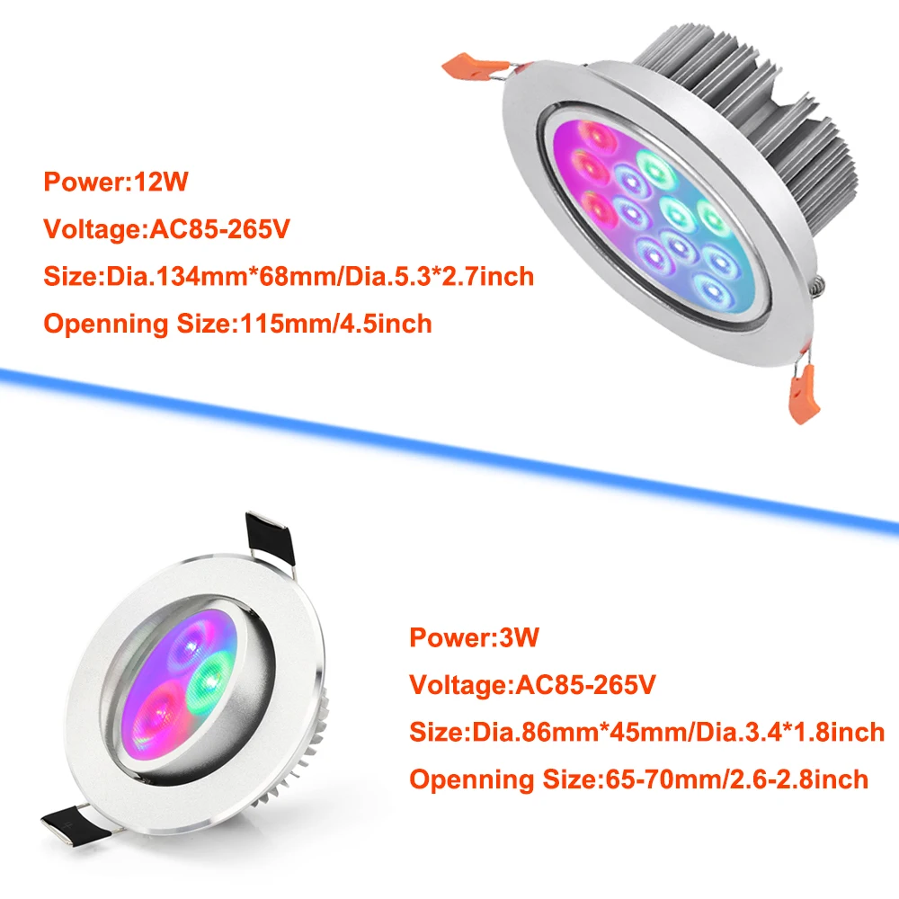3W 12W RGB Dimmable LED Ceiling Light AC85-265V Smart Remote Control Fixture LED Downlight Indoor Party Decor Colorful Spot Lamp