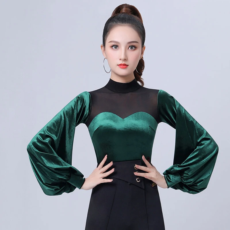 Ballroom Latin Dance Tops Women's New Warm Velvet Autumn And Winter Long-Sleeved Black New Fashion Lantern Sleeves Leotard