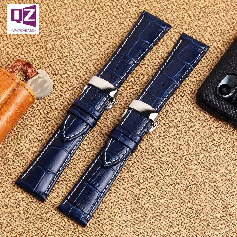 COW LEATHER Watch Strap 18 19 20mm 21 22mm watchband for Longines citizen watch band blue White stitche Genuine leather bracelet