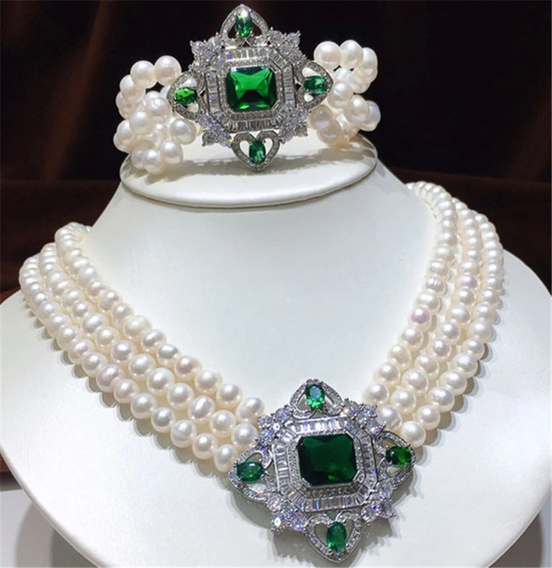 HABITOO Luster 3 Row 9-10mm Natural White Cultured Freshwater Pearl Green Ruby Cubic Zircon Square ACC Necklace Bracelet Set