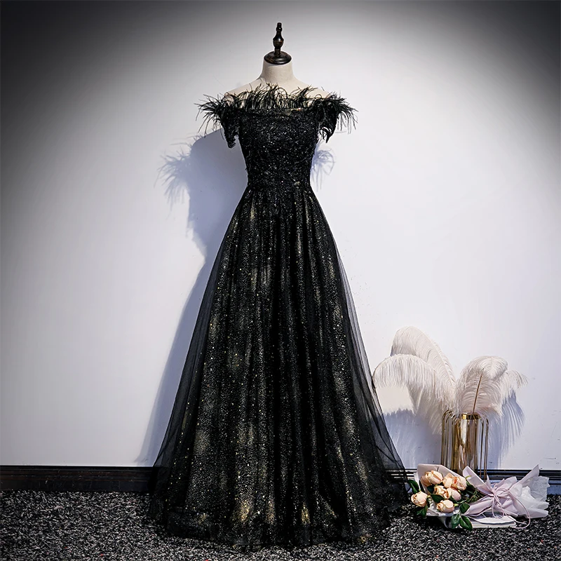 

Evening Dress Feathers Short Sleeve Elegant Lace Up Empire A-Line Sequins Boat Neck Floor-Length Party Formal Dresses Woman B979