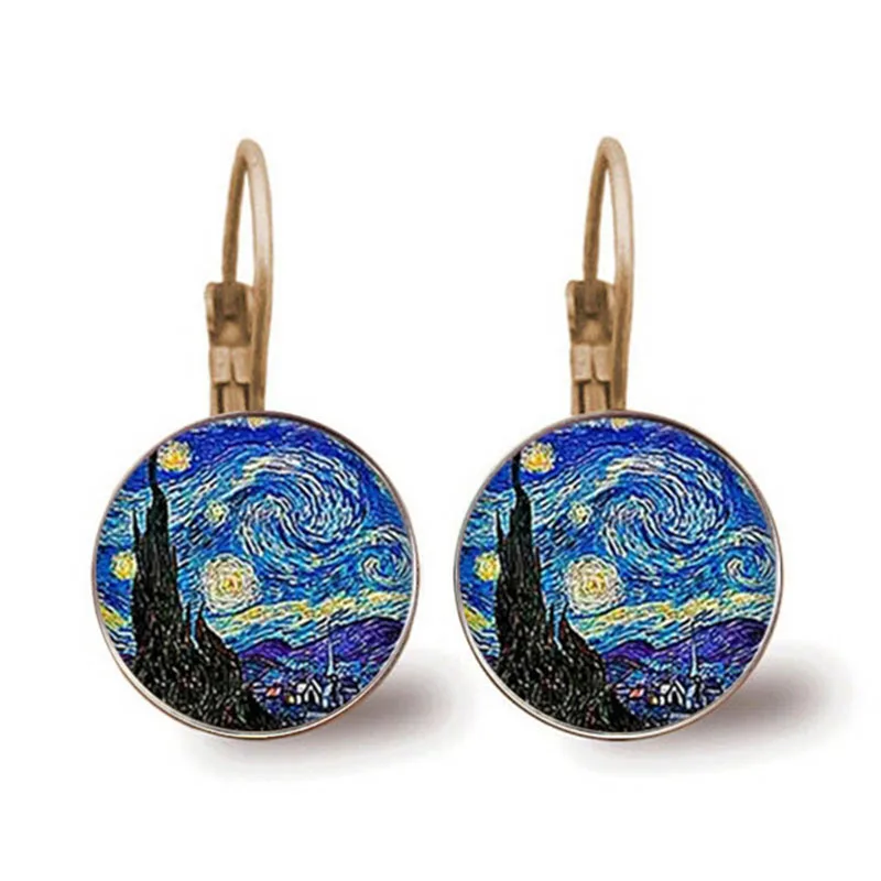 Fashion Van Gogh Sunflower Starry Night Glass Cabochon Pendant Personality Earrings Jewelry Handmade Women'S Gifts