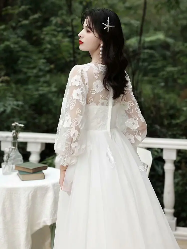 웨딩 드레스 드레스 레이스 우아한 신부 가운 Vestido 드 Novia 지퍼 Tulle Vestidos 차 길이 3 분기 슬리브