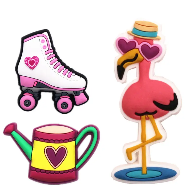 Drop shipping Animals Shoe Charms Accessories Flamingo Roller Skates Kettle PVC Sandals Buckle Decoration fit Party Kids Gifts