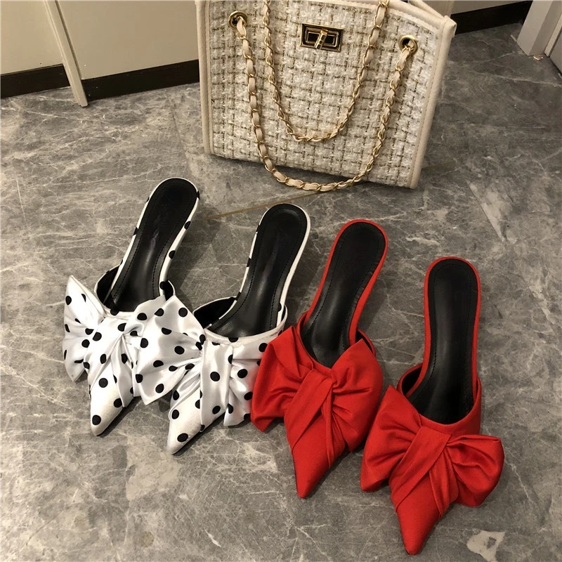 2021 New Spring Slippers Women\'s Korean-Style Pointed Polka Dot Bow Stiletto Mid-Heel Low Heel Slippers Polka Dot Half Slippers