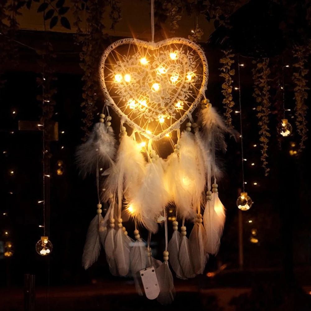 

Feather Ornaments Heart LED Light Handmade Knitted Dream Catcher LED Light Bedroom Home Wall Hanging Decor Night Lamp