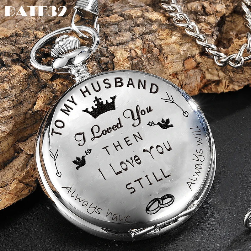 To My Husband I Love You Forever Pendant Men Quartz Pocket Watch Luxury Antique Flip Fob Clock for Valentine's Day Birthday Gift