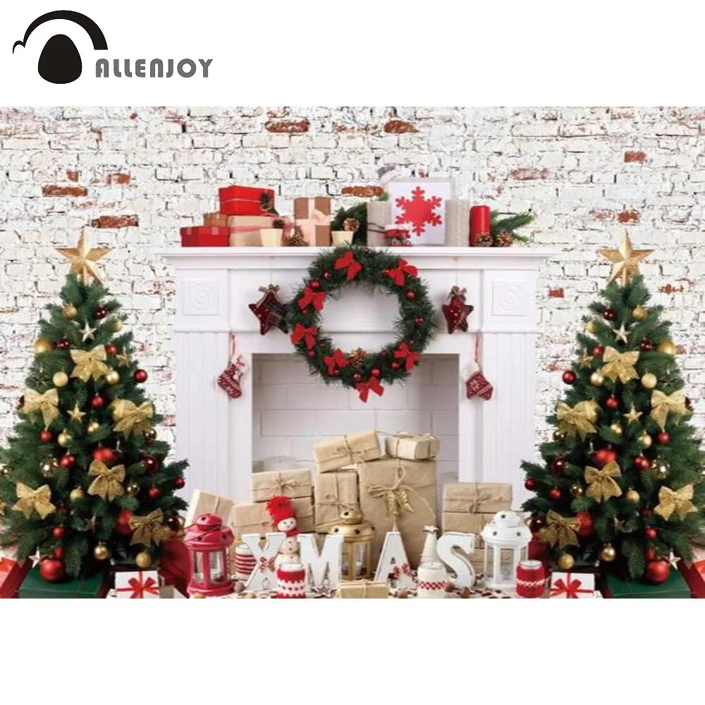 

Allenjoy Christmas Interior Party Happy New Year Winter Wreath Trees Backdrop Brick Wall Stars Fireplace Photobooth Background