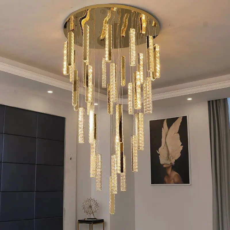 Modern Luxury Golden Silver LED Crystal Chandelier Nordic Duplex Building Spiral Staircase Chandelier Dining Room Art Chandelier