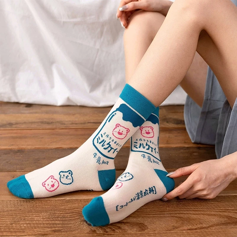 Kawaii Bear Japanese Men and Women Socks Cotton Red tomato Harajuku Graffiti Fashion Happy Funny Dropshipping Soft Girl Sockings