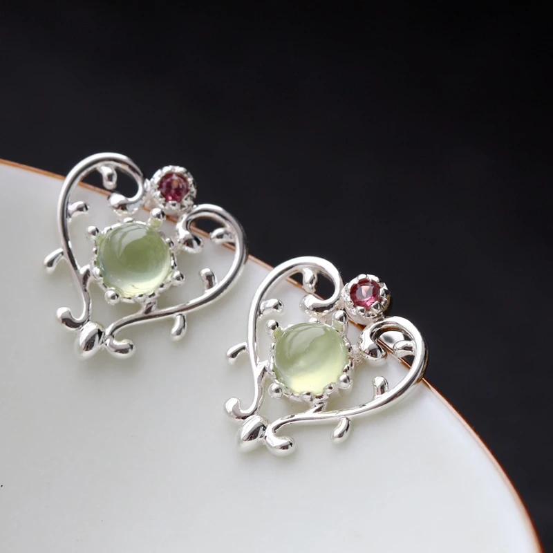 

Authentic 925 Sterling Silver Earring Ornament Inlaid Natural Prehnite Earstuds Lady High Quality Trendy Style Jewelry Gift