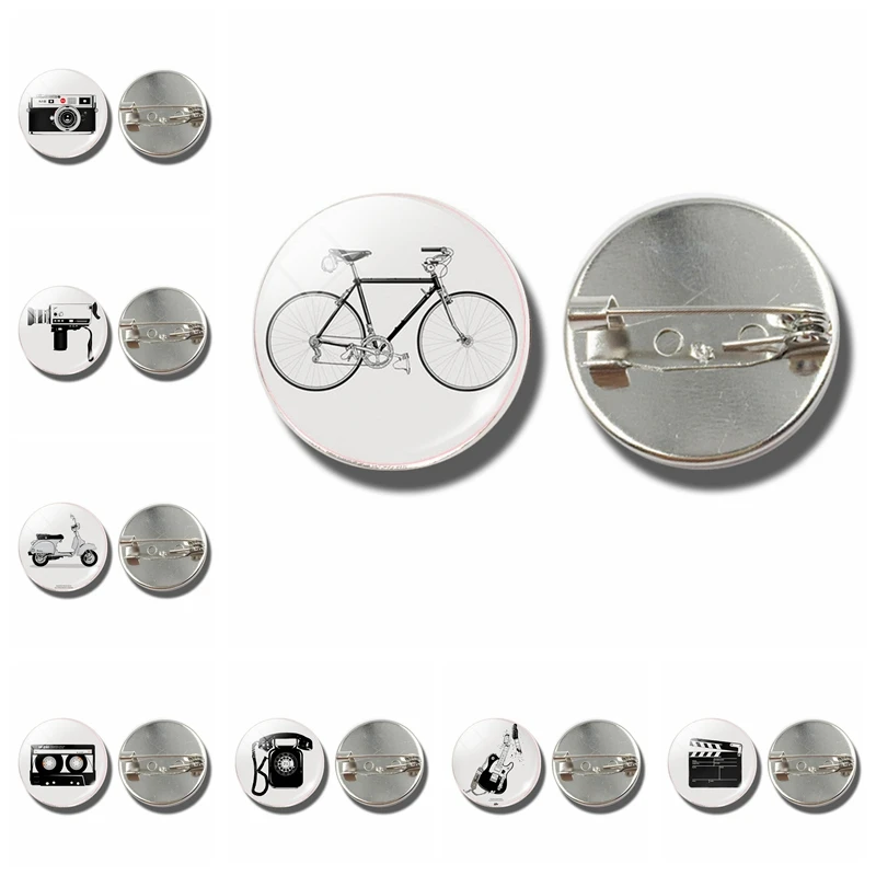 

Retro Black and White Vintage Camera Bicycle Phone Silver Plated Brooch Glass Cabochon Dome Jewelry Clothing Accessories Gift