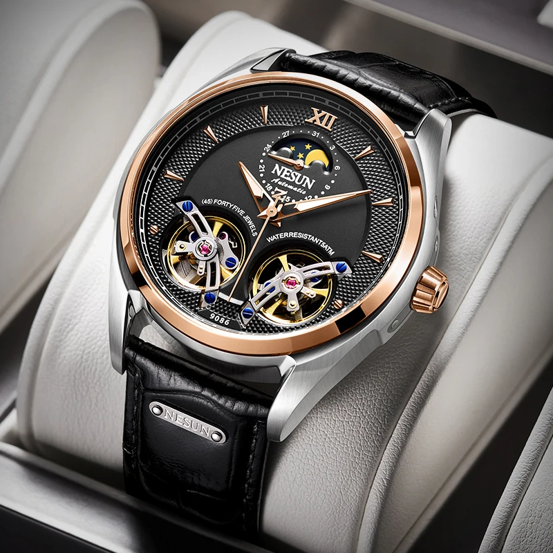 NESUN Dual Flywheel Automatic Mechanical Men's Watch Luxury Switzerland 50M Waterproof Skeleton Moon Phase Luminous Clock N9086