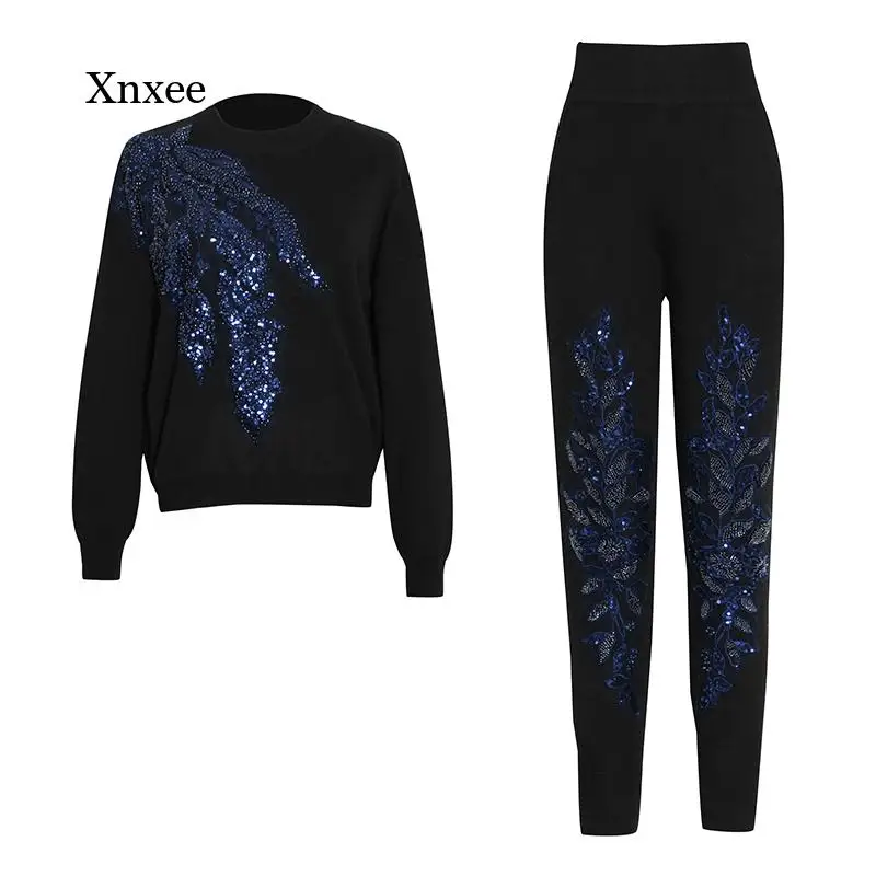 Long Sleeve Blouse Trousers Casual Two Piece Set for Women Round Neck High Waist Pants Female Colorblock Suits 2021 Style Outfit