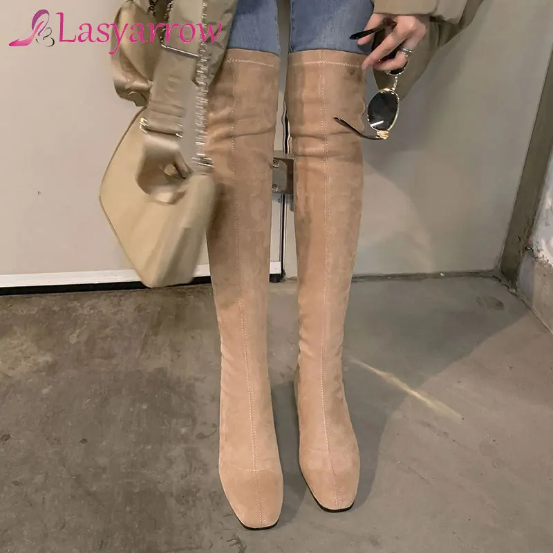 Lasyarrow Fashion Faux Suede Thigh High Boots Women 2020 Autumn Winter Shoes Square Med Heels Over The Knee Riding Boots