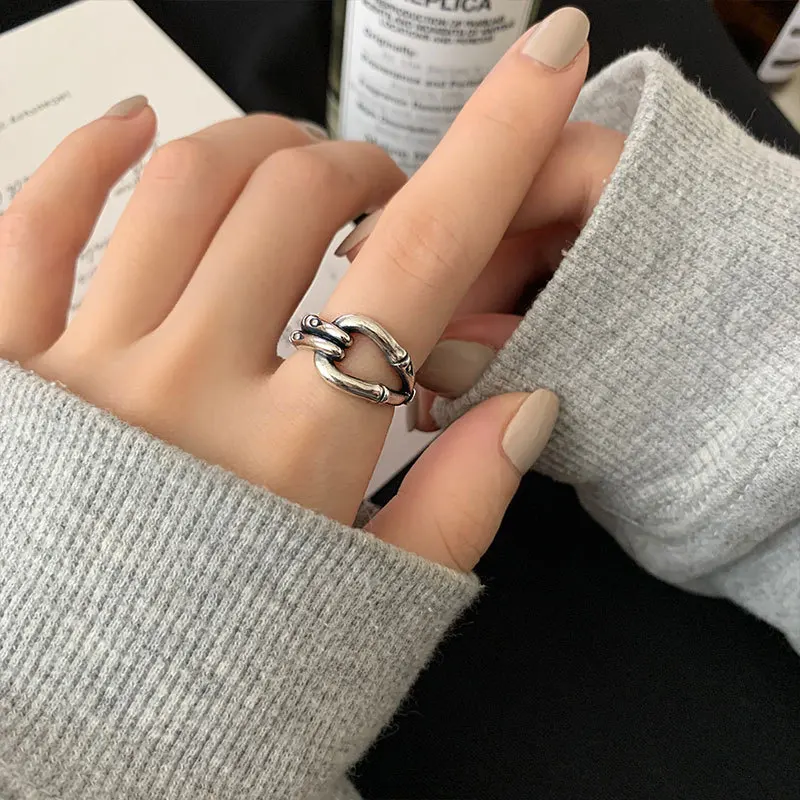 QMCOCO Silver Color Hollow Out Interwoven Wide Ring Design Open Adjustable Ring Korean Style Personality Simple Women Party Gift