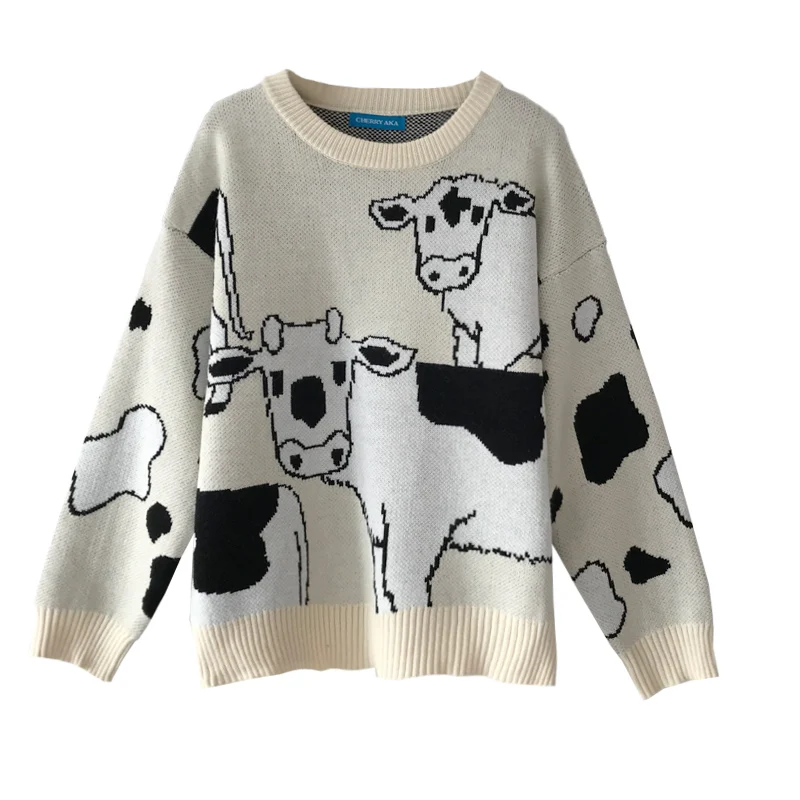 Vintage Casual Loose Lazy Cow Sweater Female Korean Harajuku Women\'s Sweaters Japanese Kawaii Cute Ulzzang Clothing For Women