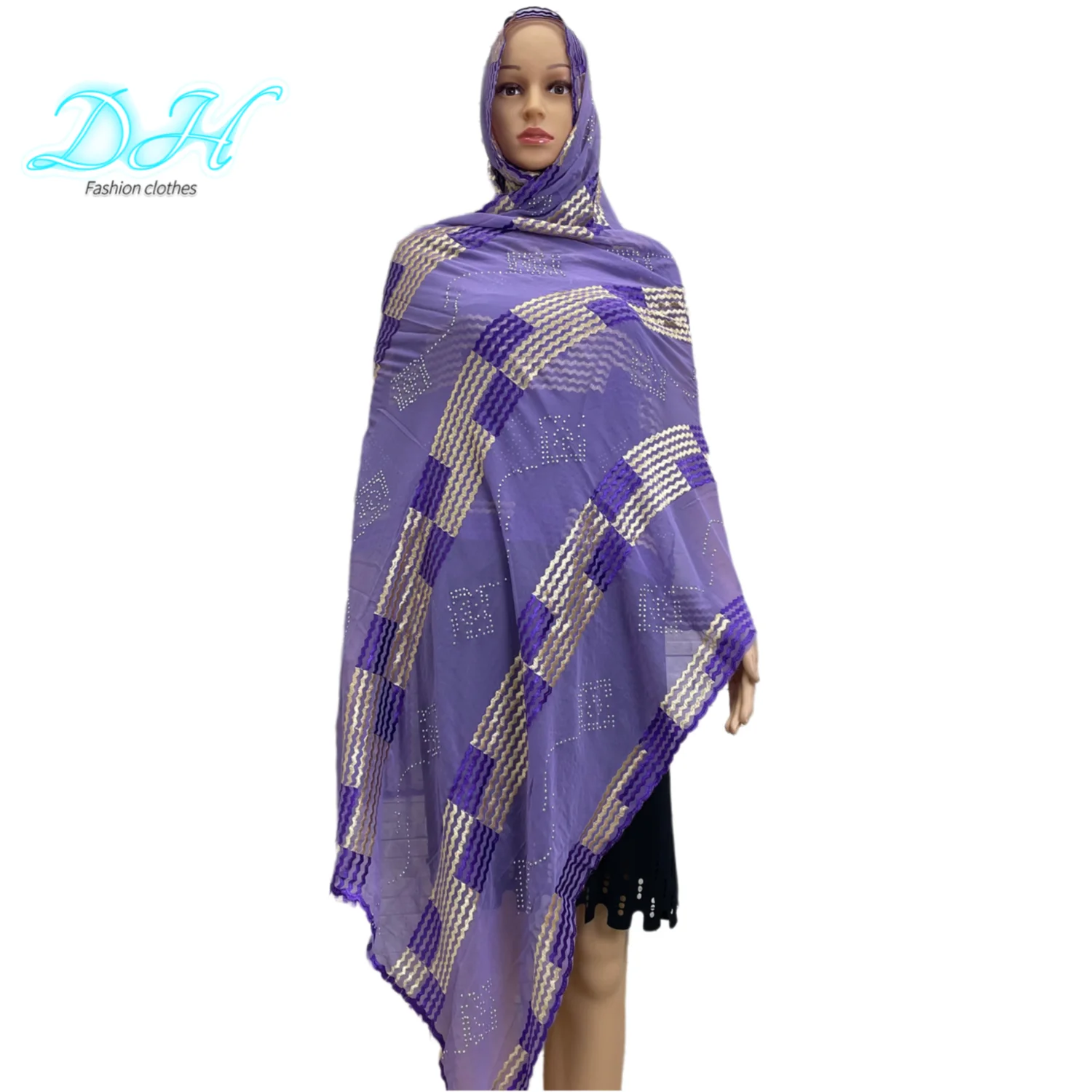 African Fashion Hijabs Colorful Scarf Muslim Shawls Embroidery Flower and Set With Diamond Chiffon Fabric Turban for Woman DH089