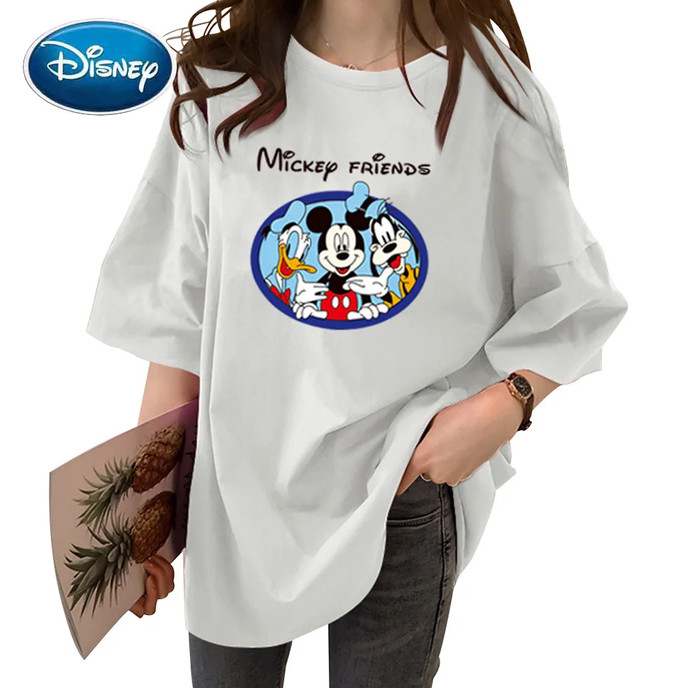 Disney Fashion Mickey Mouse Donald Duck Goofy Cartoon Print T-Shirt Women Short Sleeve Female Casual O-Neck Tee Tops 5 Colors