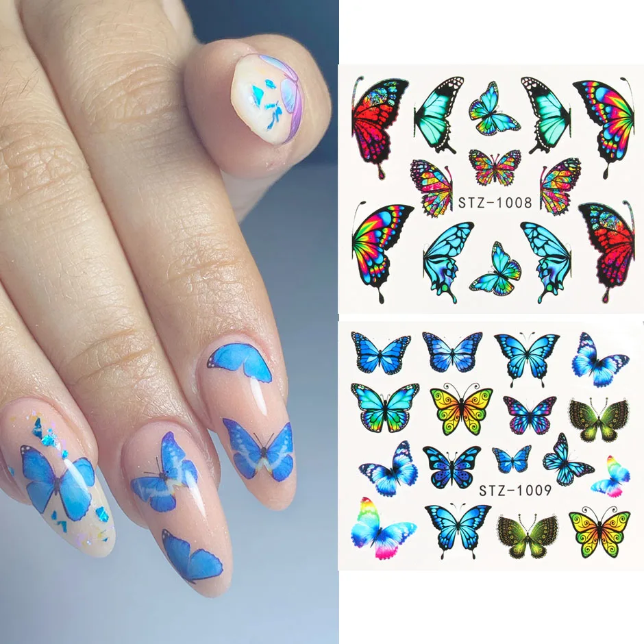 4 in 1 farfalle blu cursori adesivi per unghie imposta colorato grande farfalla acqua disegno del chiodo per la decorazione del Manicure