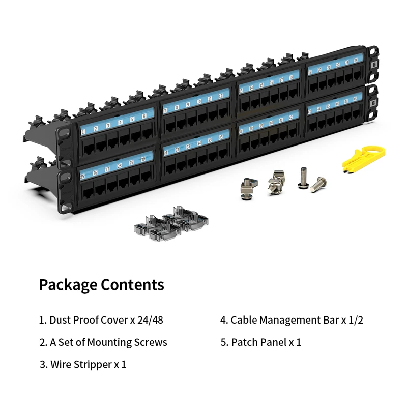 AMPCOM (UL Listed) CAT5e/CAT6 24/48 Ports Patch Panel, Rack Mount - 1U, 2U, 19 inch, 50u Gold Plated, Rear Cable Management Bar