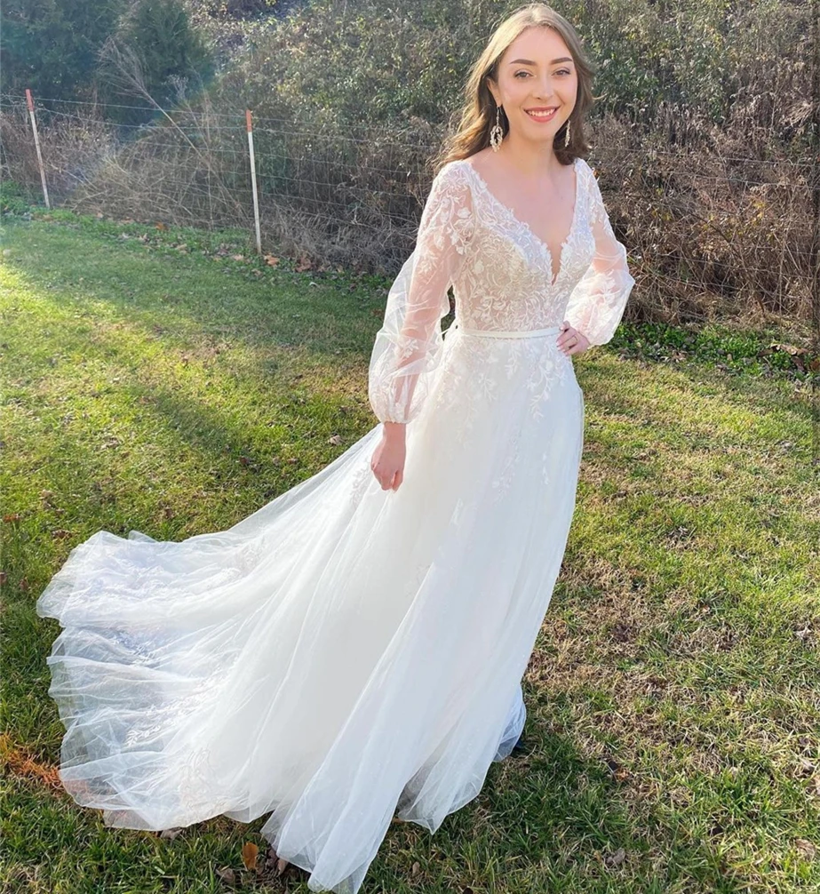 Robe de mariée ligne a, col en v, manches lanternes, avec des Appliques en dentelle, dos nu, en Tulle, longueur au sol, avec traîne, nouvelle collection