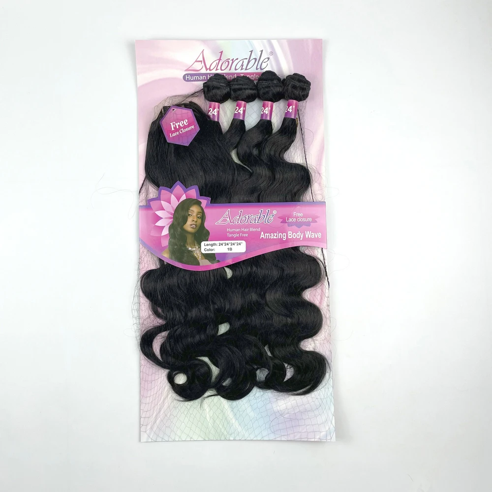 Paquetes de cabello sintético Adorable, paquete completo de solución, hecho a máquina gratis, cierre de encaje 4x4, 24 pulgadas, negro, onda corporal increíble, 4 piezas