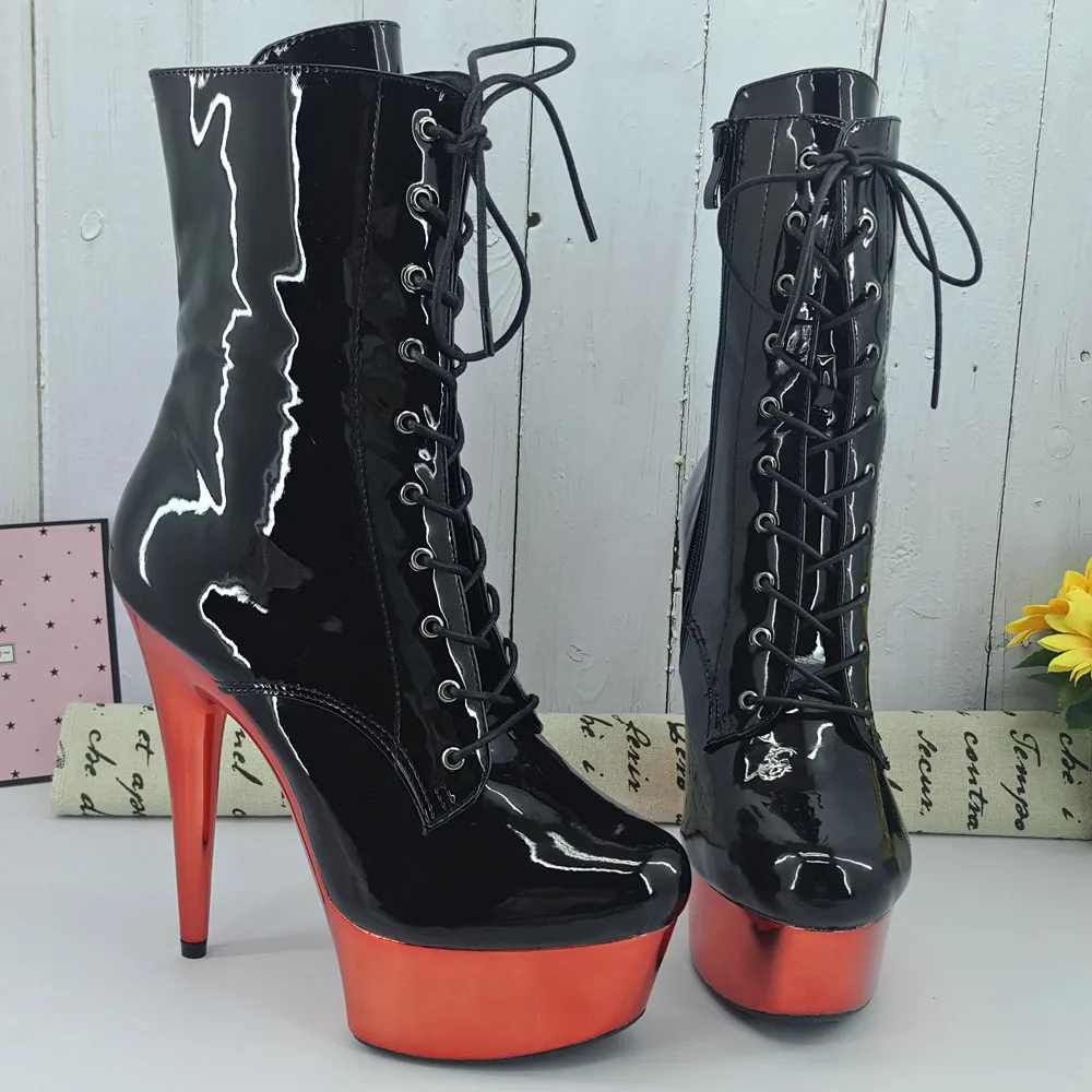 Leecabe 15CM/6Inches RED platform with Shinny black upper High Heel platform Boots Closed toe  Pole Dance boot