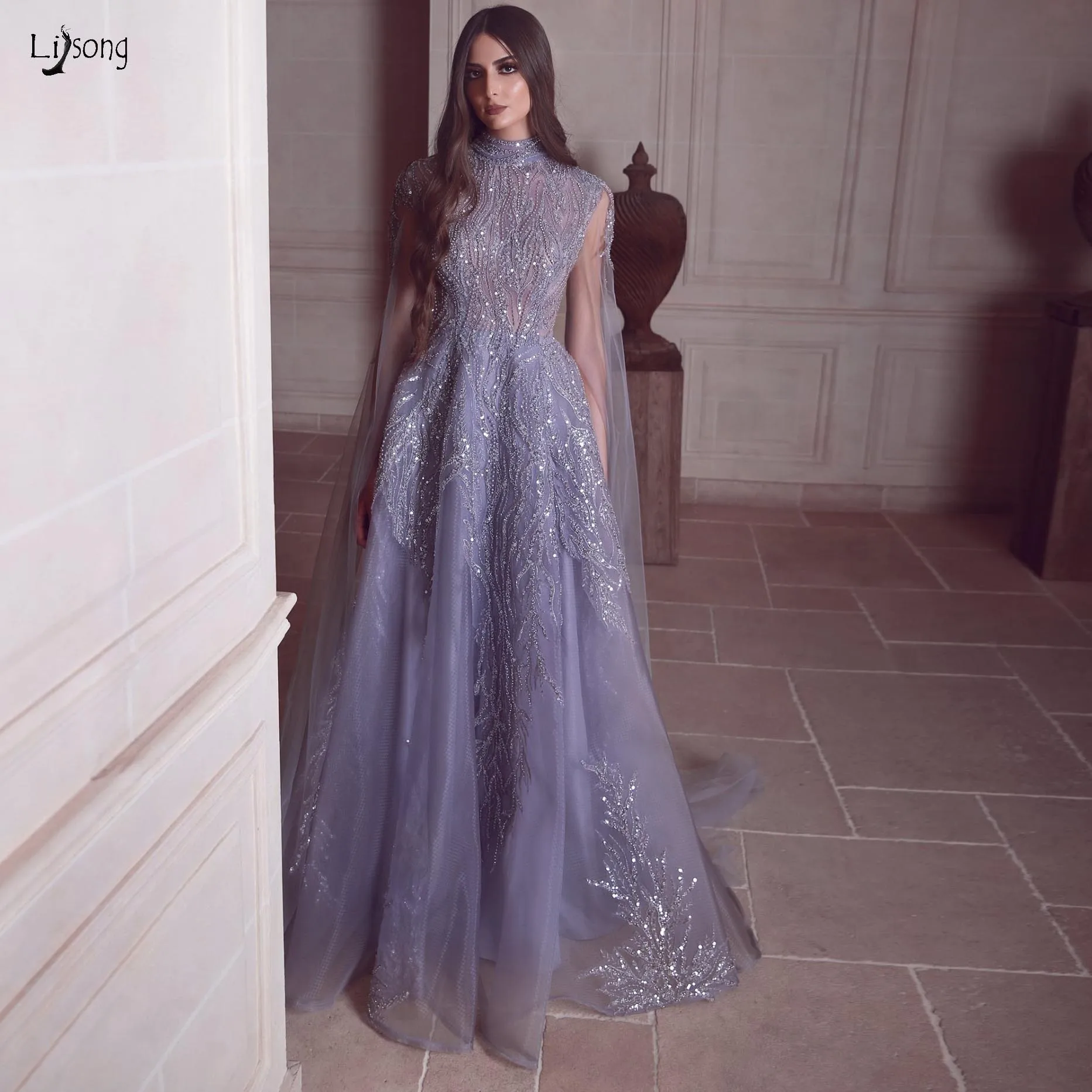 Saudi Arabic Lavender Evening Dresses With Cloak Shiny Beaded Lace Prom Gowns Islamic Party Dresses Vestidos De Fiesta