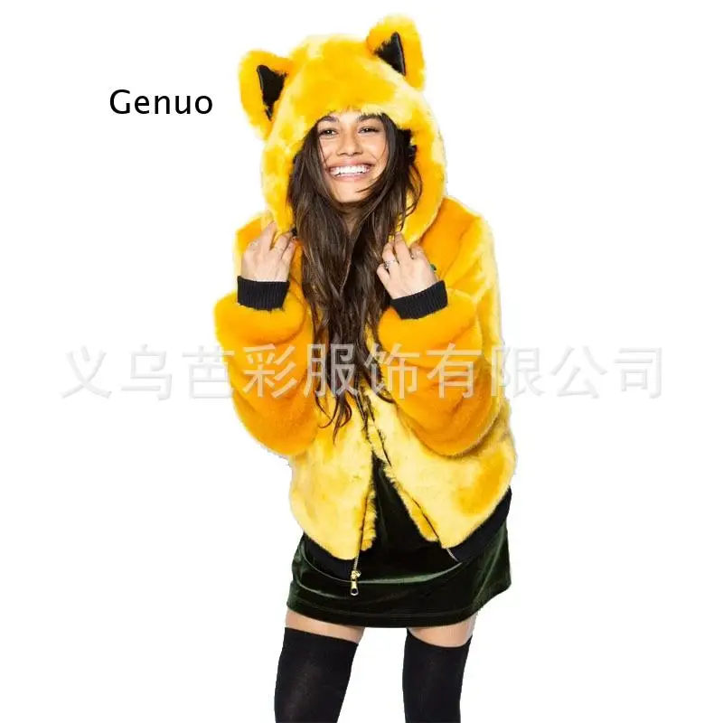 New Ladies Luxury Faux Fur Coat Yellow Winter Long Sleeve Animal Ear Cap Hooded Thick Warm Women High Quality Fake Fur Overcoat