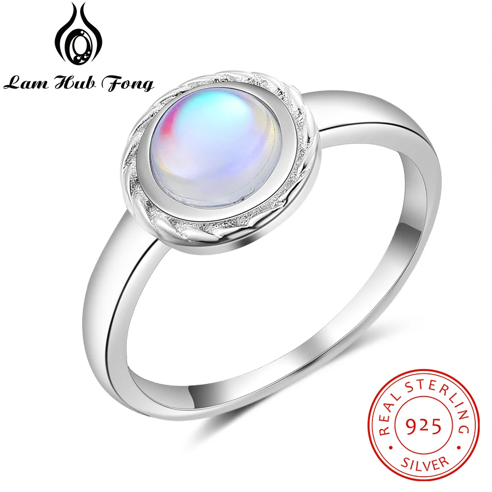 Vintage Women 925 Sterling Silver Rings with 6mm Round Rainbow Moonstone Wedding Party Gifts Fine Jewelry (Lam Hub Fong)