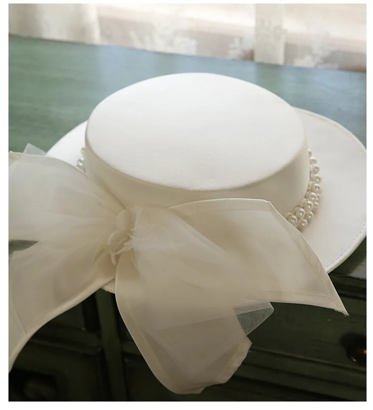 Sombreros de boda con lazos blancos para mujer, sombrero elegante con perlas, sombrilla, estilo Brithsh, sombrero de chupete, accesorios de boda, tocado nupcial