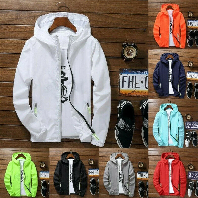 Men Waterproof Wind Breaker Coat Zipper Hoodie Jacket Quick Drying Sport Outwear