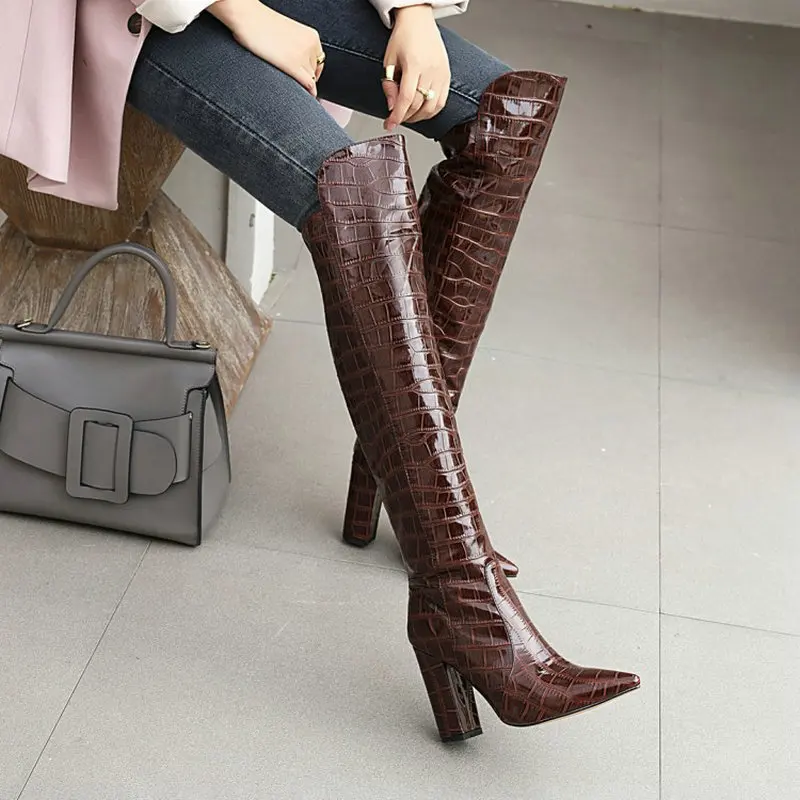 Patent PU leather crocodile skin pattern sexy boots cowgirls overknees block high heels over-the-knee boots size big size 47 48