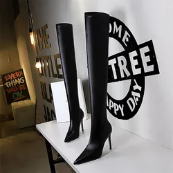 Concise Soft PU Leather Women Long Boots 2024 Autumn Winter Pointed High Heels Ladies Over the Knee Boots Black Plus Size 34-43