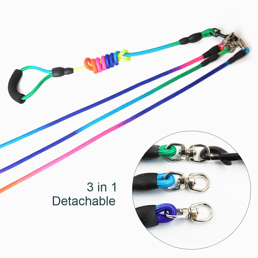 Detachable Pet Dog Nylon Leash Pet Lead Foam Handle 1 Leash for 2 or 3 Dogs Chihuahua Pitbull Round Long Lead Traction Rope