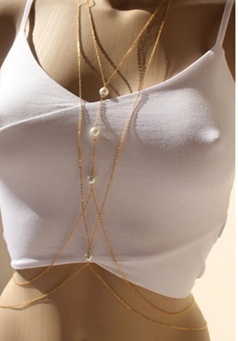 

Nice Ladies Sexy Stainless Steel Body Bikini Chain Pearl Jewelry Women Beach Party Show Chains Jewelry