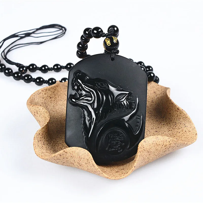 Untreated Black Obsidian Wolf Pendant Amulet Pendant Charm Blessing Pendant Necklace