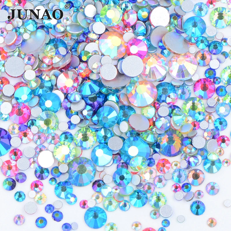 JUNAO SS6 8 10 12 16 20 Multi Size Green Flame AB Color Glass Nail Rhinestone Round Crystals Stickers Flatback Nail Art Strass