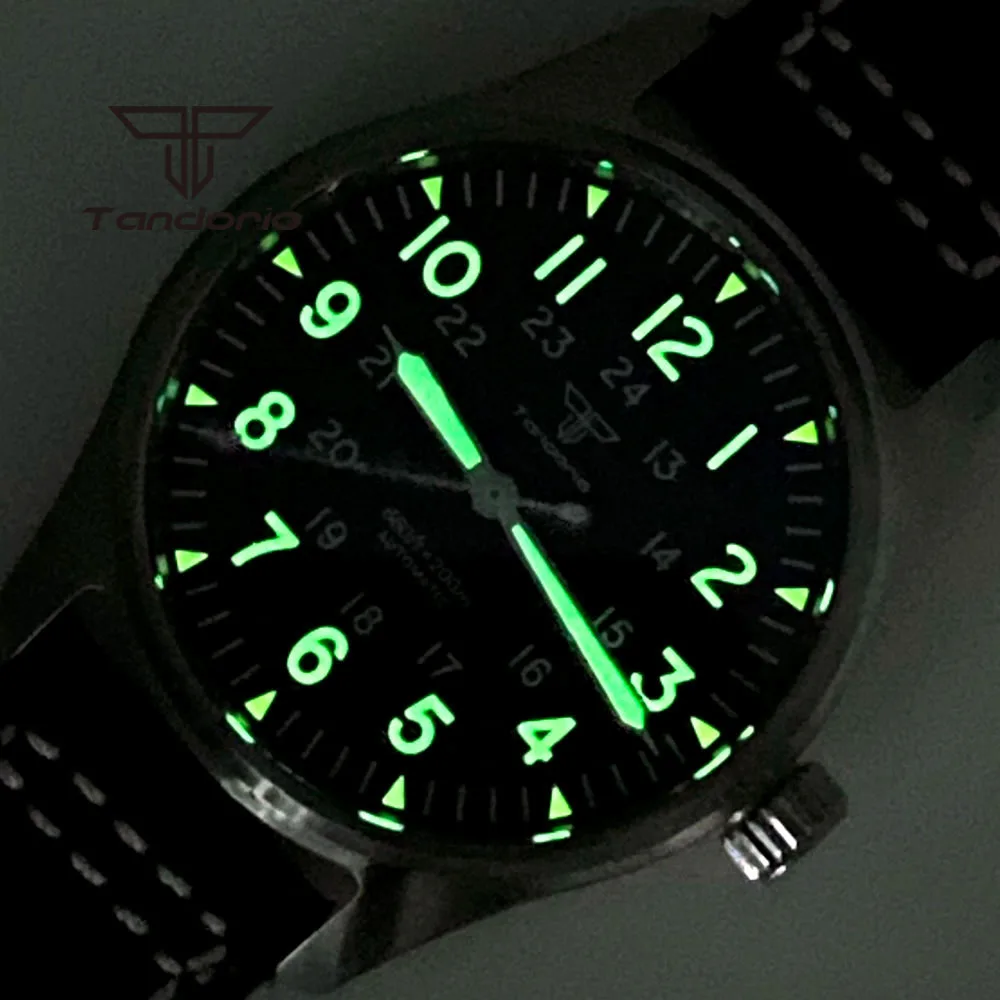 Tandorio 39mm NH35A 20bar Automatic Dive Pilot Men\'s Watches Sapphire Glass Green Luminous Dial Leather Strap Screw Crown