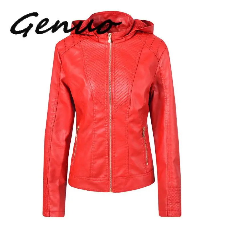 

Genuo New 2019 Detachable Hooded PU Jackets Women Winter Warm Flocking Outwears Autumn Slim Waist Motorcycle Chaqueta Mujer