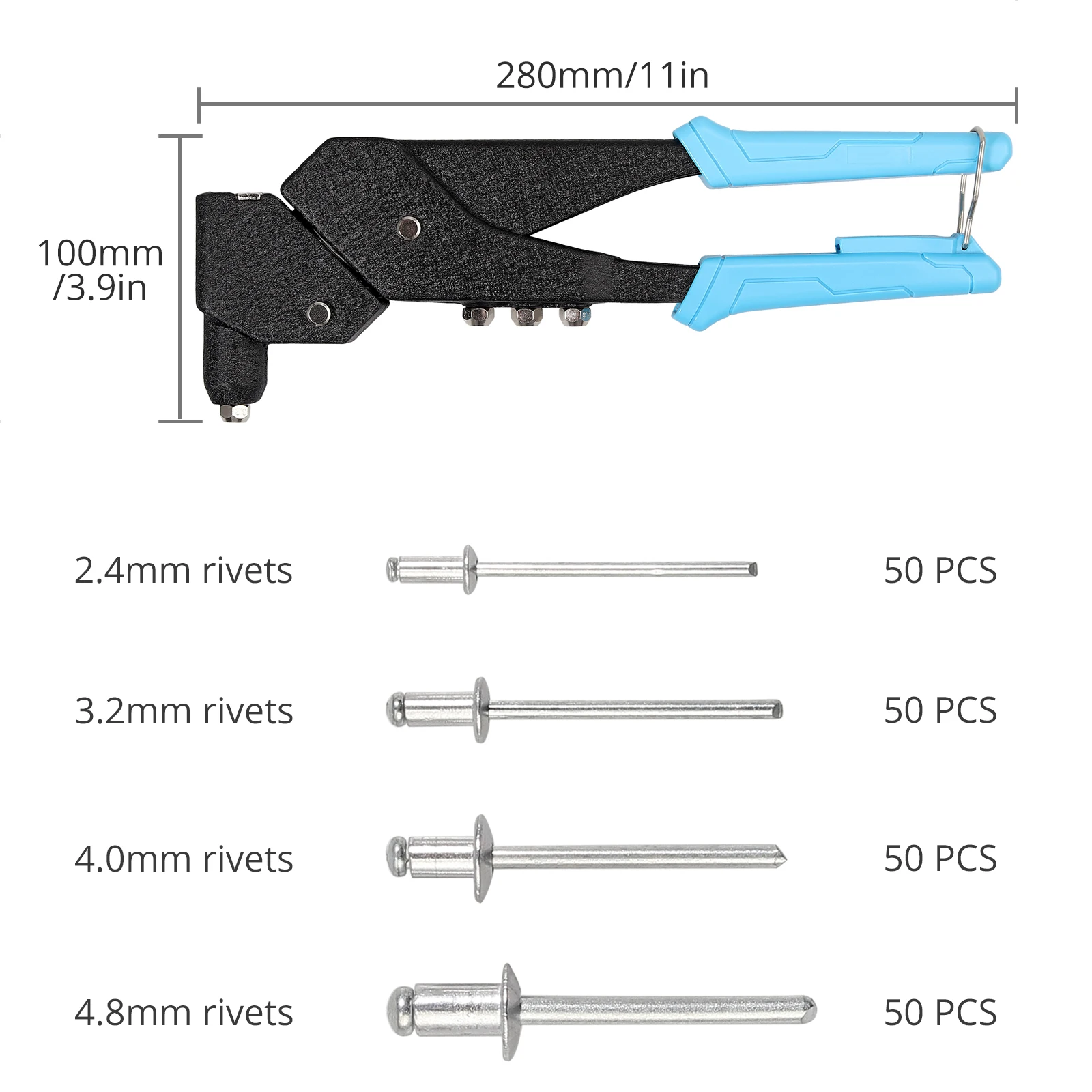 GARLLEN 360 ° Heavy Duty Rivet Gun Hand Riveter Gun ชุด200PCS Rivets สแตนเลสสำหรับโลหะยึด riveting Hand Tool