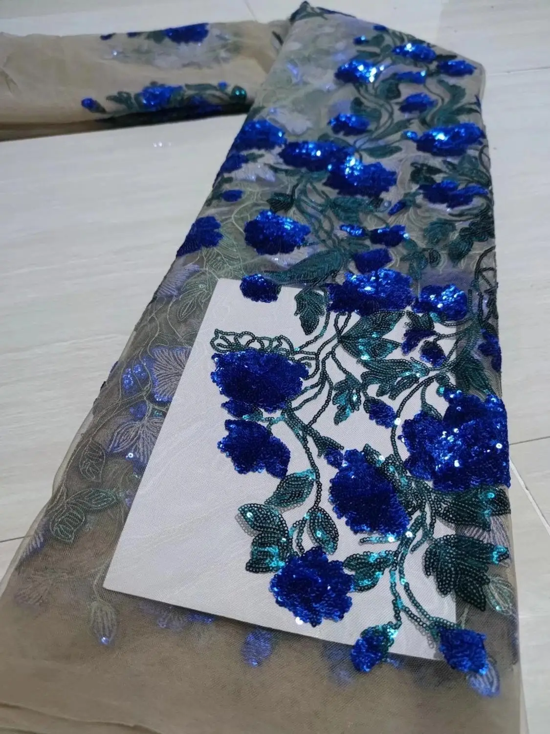 

(5yards/pc) high quality African sequins French net lace fabric with royal blue flowers embroidery for party dress FZZ736