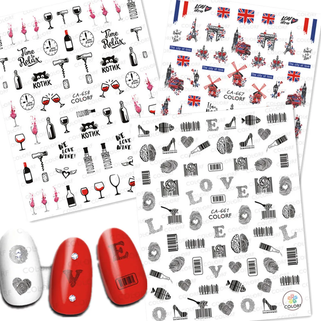 Newest Wine Lettering Design 3D Self Adhesive Decal Slider DIY Decoration Tools Nail Art Sticker CA-661 658 667