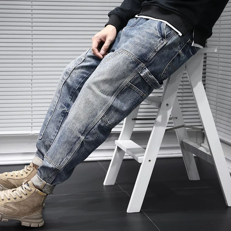 Autumn and winter 2021 brand cowboy cargo tooling jeans men\'s Korean loose large size retro feet teenager Harlan straight pants