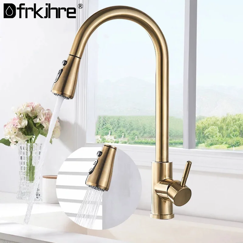 Kitchen Faucet Golden Mixer Tap 360 Degree Rotation Stream Sprayer Pull Out Deck Mounted Kitchen Sink Hot Cold Mixer Taps Crane