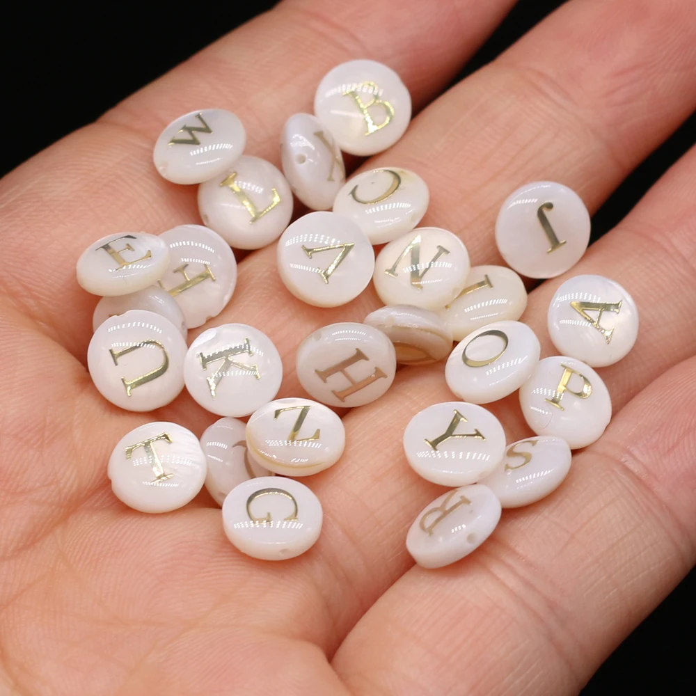 20PC Natural Shell A-Z Alphabet Letter Charm Beads Round Mother Pearl Seashell Bead for Jewelry Making DIY Earring Ring Necklace